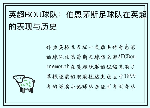 英超BOU球队：伯恩茅斯足球队在英超的表现与历史
