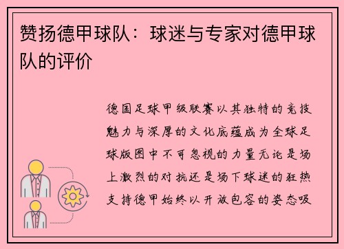 赞扬德甲球队：球迷与专家对德甲球队的评价