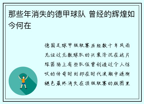 那些年消失的德甲球队 曾经的辉煌如今何在