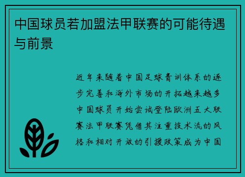中国球员若加盟法甲联赛的可能待遇与前景